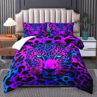 Imagem de Tuzaovy Conjunto de edredom solteiro com estampa de guepardo, para decoração de quarto de adolescentes, estampa de leopardo roxo, tamanho solteiro, animal selvagem, cama preta para crianças e adultos
