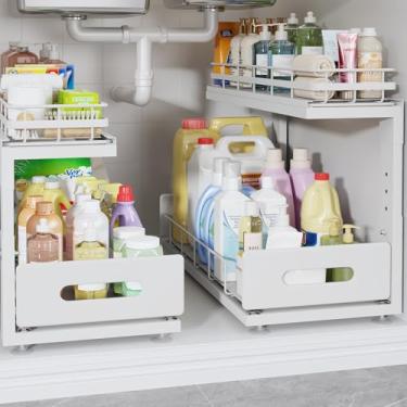 Imagem de Biboraya Pacote com 2 organizadores sob a pia de 45 cm de profundidade com corrediças lisas de rolamento de esferas, armazenamento de armário de 2 camadas, gavetas deslizantes para banheiro e cozinha