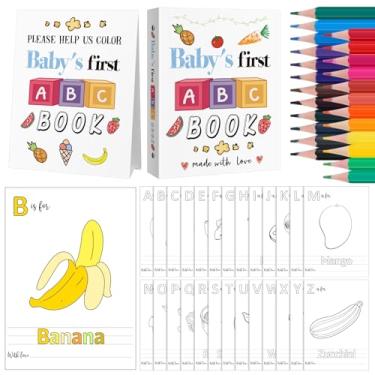 Imagem de Sinload Baby's First ABC Book Baby Shower Keepsake Game Activity, Livro de visitas para colorir do alfabeto, cartões de colorir do alfabeto A a Z com 24 lápis de cor, lembrança interativa para