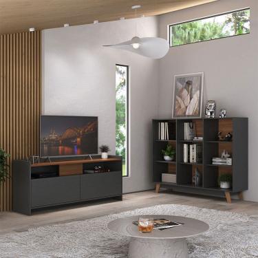 Imagem de Sala de Estar Completa 2 Portas 6 Prateleiras Grafite/Nogal Cj-040 - Hecol Móveis