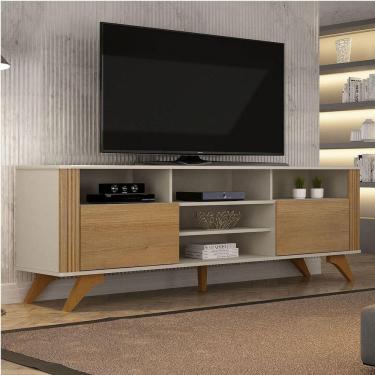 Imagem de Rack Bancada 2 Portas Pés Madeira Maciça Mariana Vademoveis Off White/cinamomo