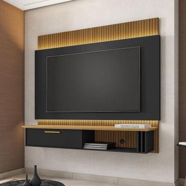Imagem de Painel para TV até 65 Polegadas com Fita LED 1 Porta Paris Móveis Bechara Preto Fosco/Cinamomo/Ripado