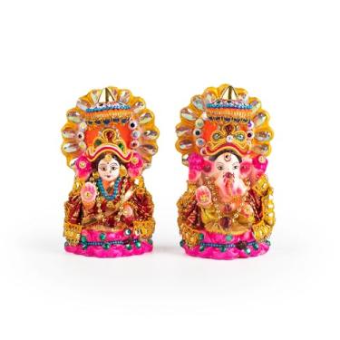 Imagem de Lakshmi Ganesh Estátua pintada à mão Ídolos Tradicionais Hindu Murti Conjunto para Festival Hindu Religioso Diwali Mandir Templo Pooja e Presentes (Lakshmi Ganesh Design-1)