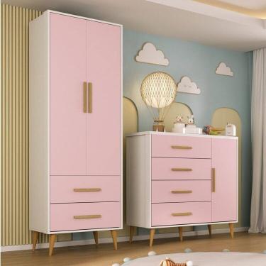 Imagem de Quarto Infantil com Guarda-Roupa 2 Portas 2 Gavetas com Cômoda Magia Espresso Móveis Branco/Rosa