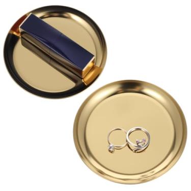 Imagem de Pacote com 2 bandejas redondas douradas de 10 cm, bandeja decorativa de aço inoxidável, bandeja de vaidade para vela, prato de bebida, pequenas bandejas organizadoras de armazenamento para velas de