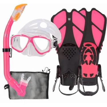 Imagem de Conjunto de snorkel infantil com nadadeiras, conjunto de máscaras de snorkel para crianças, equipamento de mergulho com nadadeiras antivazamento, conjunto de nadadeiras de snorkel para jovens, conjunto de máscara de mergulho para mergulho, conjunto de óculos temperados, 5 a 12 anos