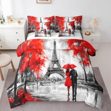 Imagem de Erosebridal Jogo de cama Queen Size Torre Eiffel, 7 peças, cama romântica para dia dos namorados, folha de bordo vermelha, outono, edredom com lençóis, ilustração cinza para casal, conjuntos de cama