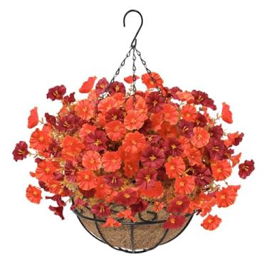 Imagem de Ruidazon Cesta de flores artificiais para decoração de outono ao ar livre, 12 peças de petúnias falsas de glória matinal resistente a UV com vaso suspenso para decoração de varanda e varanda (laranja