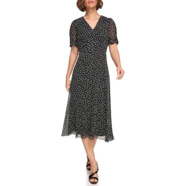 Imagem de DKNY Vestido midi feminino de manga curta com botões frontais e flare, Preto/creme, 42