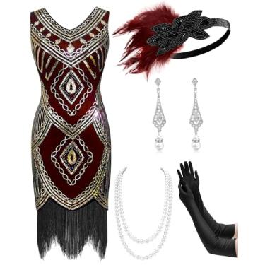 Imagem de Mukum Vestido feminino melindrosa anos 20, vintage, com franjas, com lantejoulas, ótimo Gatsby, conjunto de vestidos anos 20 para festas de Natal, Ouro vermelho, G