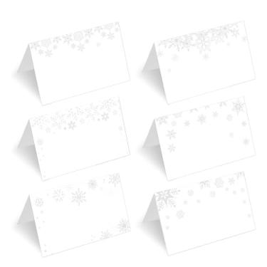 Imagem de 90 peças de cartões de mesa de Natal com flocos de neve, cartões de barraca, cartões de nome de 5 x 8 cm - cartões de nome para mesa para festa de aniversário, chá de bebê e casamento