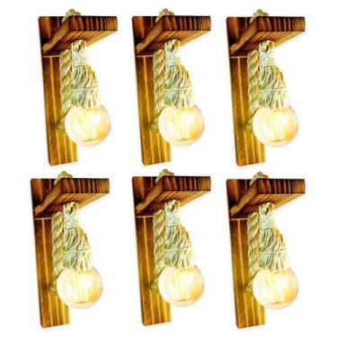 Imagem de Kit 6 Arandela Luminária Parede Madeira Retrô Rústica Sisal - JKVERAS