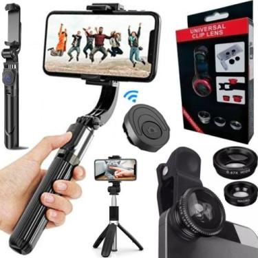 Imagem de Kit 5x1 tripé suporte estabilizador para celular + 3 lentes olho peixe