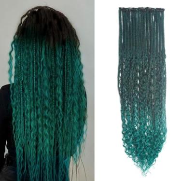 Imagem de Kyriena Extensões de dreadlock boho com clipe de 5 peças, dreads encaracolados verde ombré de 61 cm com trança de caixa de crochê sintético estilo boêmio SE Dreads para mulheres