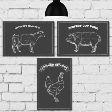 Imagem de Placa Decorativa Churrasco Boi Porco Frango Giz Kit 3un 20x3 - Quartin
