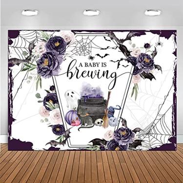 Imagem de Mocsicka Pano de fundo para chá de bebê de Halloween A Baby is Brewing Baby Shower Party Decoartion Aquarela flor caixão morcego vampiro faixa de borrifada de bebê (roxo, 3 x 2,4 m (120 pol. x 96 pol