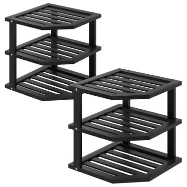 Imagem de VERTORGAN Prateleira de canto de bambu de 3 camadas (pacote com 2), escorredor de louça, organizador de pratos, suporte de especiarias de cozinha para bancada e armário (preto)