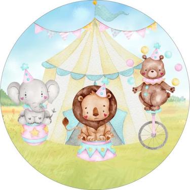 Imagem de Painel de Tecido Sublimado Redondo Circo Aquarela Animais Tenda Amarel