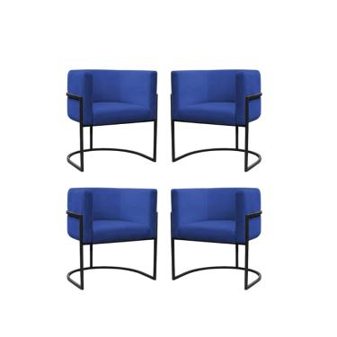 Imagem de Kit 4 Poltronas Reforçadas Decorativa Sala Carla Base Ferro Preta Suede Azul Marinho