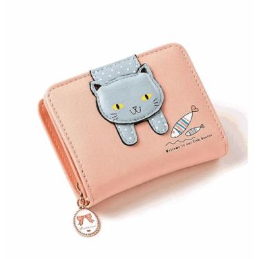 Imagem de Carteira feminina bonita de gatinho, com zíper, dobrável, curta, para moedas, dinheiro, organizador de cartões com janela fotográfica para mulheres ROSA PRETA VERDE AZUL E NUDE 12x10x3cm (Nude)