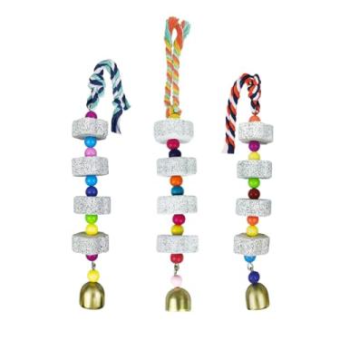 Imagem de Yitaocity 3 peças de brinquedo de mastigar papagaio com sino - pedra de moagem de bico de pássaro e periquito pedra de cálcio para periquito, calopsita, conure, hamster, chinchila, coelho