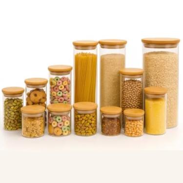 Imagem de Kit 13 Potes de Vidro com Tampa de Bambu e Vedação Hermética - Potes de Diferentes Tamanhos para Cozinha