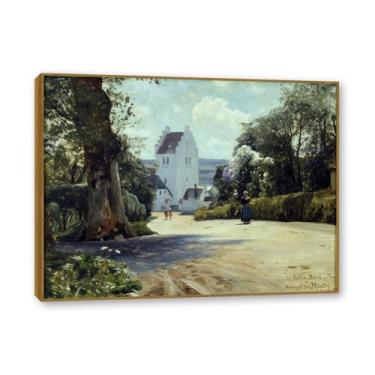 Imagem de NHLDZYH Moldura externa de teca. Famosas pinturas a óleo, (paisagem da igreja) por Peder Mork Monsted, reprodução impressa em tela, arte de cenário para decoração de sala de estar. 70 x 90 cm - 27,6 x