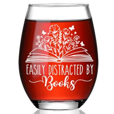 Imagem de Ymzkpoa Facilmente distraído por livros, presentes engraçados de taça de vinho sem haste para mulheres, amigas, irmãs bibliotecárias, presentes de livros para amantes de fantasia, clube de livros