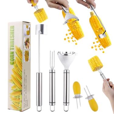 Imagem de Descascador de milho para espiga de milho, conjunto de 4 peças de descascador de milho de aço inoxidável - Ferramenta de descascador de espiga de milho, decapador rápido de espiga de milho para