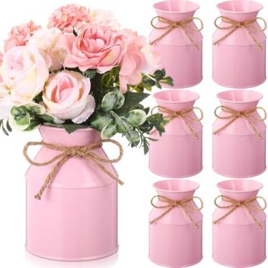 Imagem de Domensi 6 peças de vaso de flores de metal para casa de fazenda, 13 cm, vaso galvanizado para lata de leite, com laço de barbante, baldes de flores rústicos para mesa floral, centro de mesa, decoração