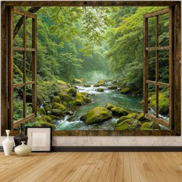 Imagem de Accnicc Tapeçaria de janela floresta verde natureza selva tapeçaria de parede para quarto estética floresta tropical paisagem exterior tapeçarias grandes pendurar na parede para dormitório sala de