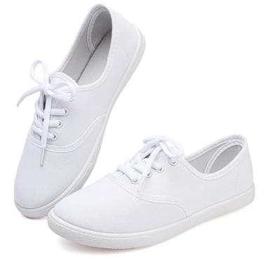 Imagem de Tênis feminino de lona branco leve com cadarço moderno confortável sapatos de lona cano baixo sem cadarço casual tênis caminhada calçados femininos, Branco, 37