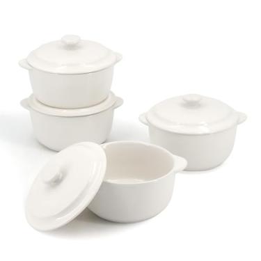 Imagem de Pacote com 4 mini cocottes de cerâmica, pratos de caçarola de grés de 293 ml com alças e tampas, ramequins seguros para forno para suflê, sopa, torta e assar, utensílios de cozinha individuais, branco