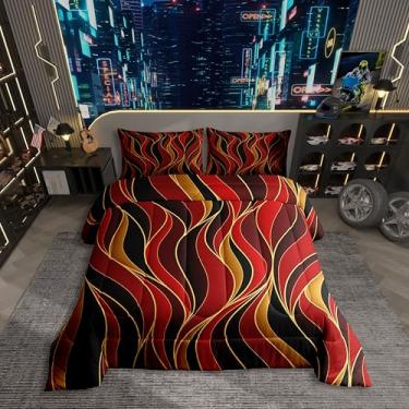 Imagem de Erosebridal Conjunto de edredom com listras vermelhas e pretas, retrô, vermelho, marrom, abstrato, tema de arte, decoração de quarto, 3 peças, tamanho casal, 2 fronhas, edredom com estampa geométrica