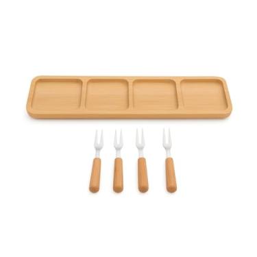 Imagem de Kit Petisqueira de Bambu com 4 Garfinhos – Tábua de Madeira Natural com 4 Divisórias – Ideal para Frios, Queijos, Frutas e Aperitivos