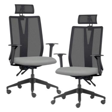 Imagem de Kit 2 Cadeiras Escritório Giratória Presidente Flow F02 Base Preta Sintético Cinza - Lyam Decor