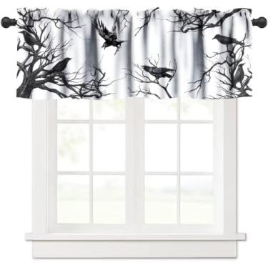 Imagem de Cortina de saia de corvo de Halloween, silhueta velha árvore morta assustadora, gótica, corvos negros, blackout para janela curta, tratamento drapeado para casa, cozinha, festa, férias, 137 x 45 cm