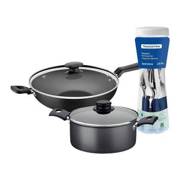 Imagem de Caçarola Turim Alumínio grafite Antiaderente 2,8L + Faqueiro Ipanema Azul 24pc + Wok Lo...
