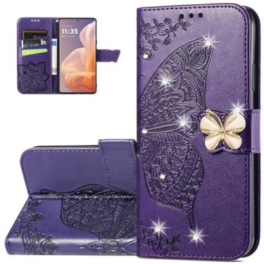 Imagem de Dinglijia Capa carteira para Motorola Moto G85, capa de couro PU padrão borboleta com fecho magnético e compartimentos para cartão de dinheiro coldre para Moto G85, strass roxo