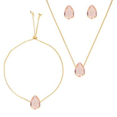 Imagem de Conjunto Pulseira Brinco Colar Gota Âmbar Folheado Ouro 18k - Milena J