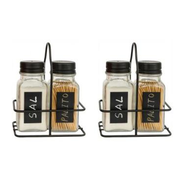 Imagem de Kit 2 Jogo Saleiro e Paliteiro de Vidro com Suporte de Aço Preto Em Ca