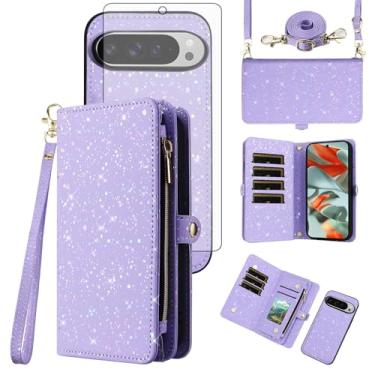 Imagem de Asuwish Capa de celular para Google Pixel 9 Pro XL com zíper carteira magnética destacável com protetor de tela de vidro temperado e suporte de glitter, acessórios para celular Pixel9 9Pro 9ProXL nove