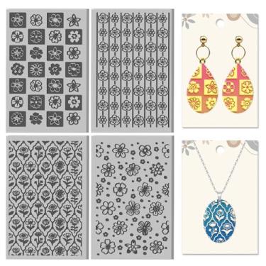 Imagem de CHGCRAFT 4 folhas com elementos de grade de flores, textura de argila, padrão floral, folhas de textura de argila de polímero, ferramentas DIY para brincos de cerâmica, máquinas de gravação, 9,99 x