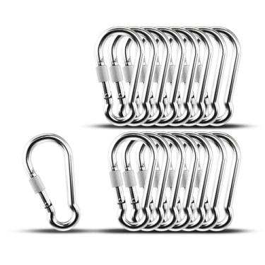 Imagem de KINLINK Mosquetão com Trava de Parafuso, Pacote com 15, Clipes de Mosquetão Resistentes de 2,36", Clipes Pequenos de Aço Inoxidável 304, Mosquetões para Acampamento Ao Ar Livre, Balanço, Rede, Caminha