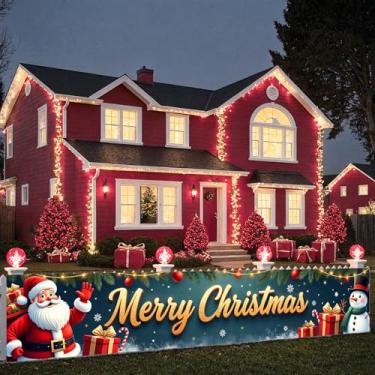 Imagem de 248 x 45 cm Faixa de Feliz Natal Vermelho Verde Grande Faixa de Natal Papai Noel para Festa de Natal Feriado Cerca Sinal de Quintal Decoração Fundo de Foto Gigante Feliz Ano Novo Suprimentos