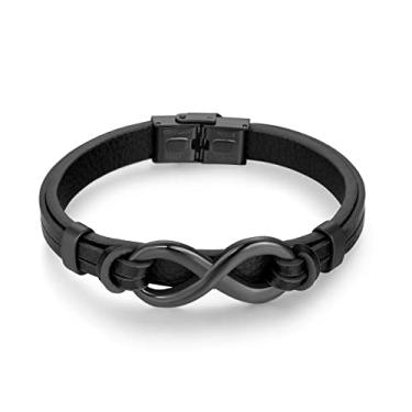 Imagem de Rockyu Pulseira infinita de couro preto com fecho de aço inoxidável para homens, elegante e durável, ajustável, design moderno