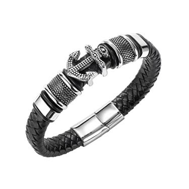 Imagem de Rockyu Pulseiras masculinas de couro legítimo, aço inoxidável, preto, trançado, corrente, âncora, pulseira, grande angular, acessórios masculinos de couro