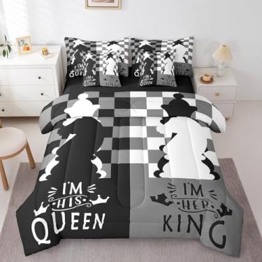 Imagem de Erosebridal Jogo de cama de xadrez preto e branco em uma bolsa, 7 peças, cinza, xadrez, Queen, para crianças, adultos, conjunto de edredom para casal, casal queen e king, presente de dia dos namorados
