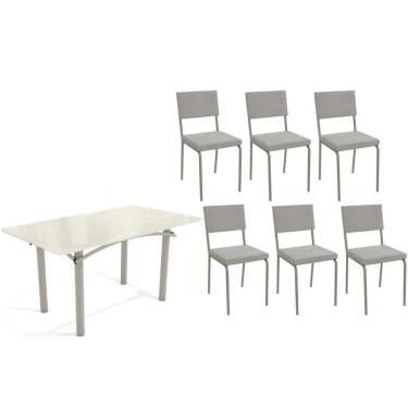 Imagem de Sala de Jantar Completa Elba Tampo Madeirado c/ Vidro 160cm e 6 Cadeiras Zaria Niquel/Off White - Boucle Cinza - Kappesberg
