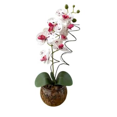 Imagem de Plantas Artificiais Decorativas, Plantas Artificiais Decorativas com Vaso, Arranjo Especial Orquídea 40 cm de Altura, Casca e Musgo Natural(BRANCA E ROXA MOD 02)